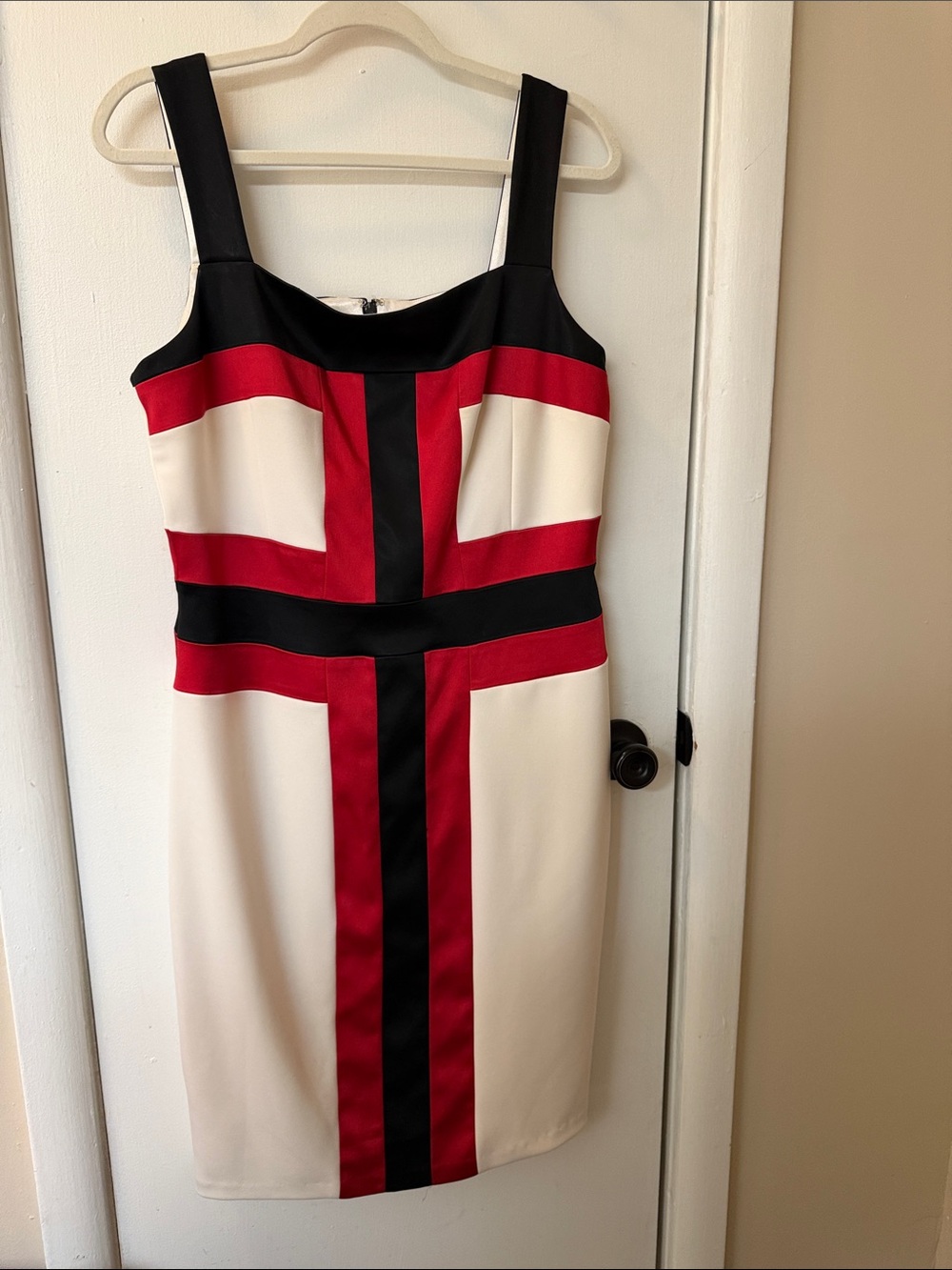 Jax Cream Dress with Red and Black Cross-Panel Detail